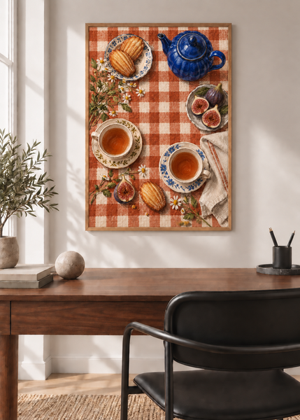 Afternoon Tea on Checks, framed art print in a styled interior