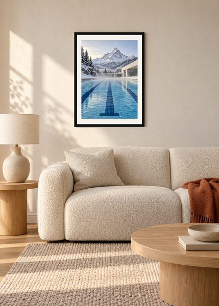 Alpine Lanes, black framed lifestyle room presentation with white mat