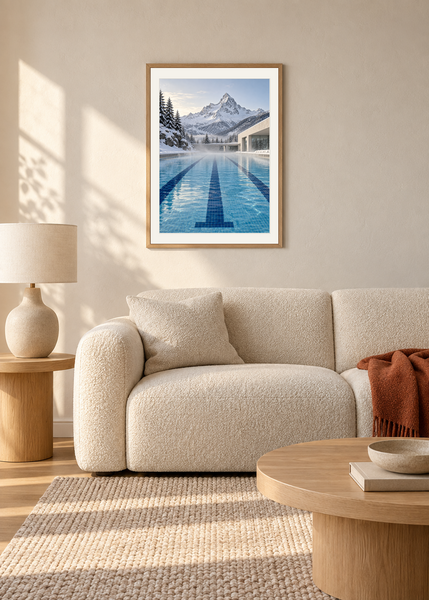 Alpine Lanes, oak framed lifestyle room presentation with white mat