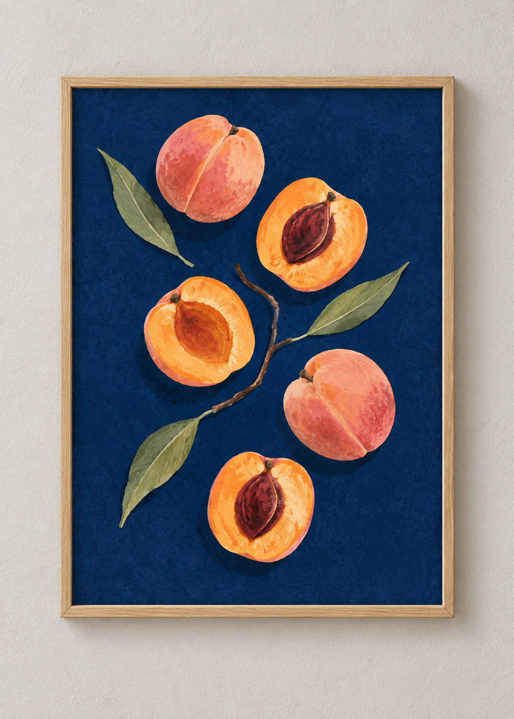 Apricots on Indigo framed natural oak 50 x 70 cm art print