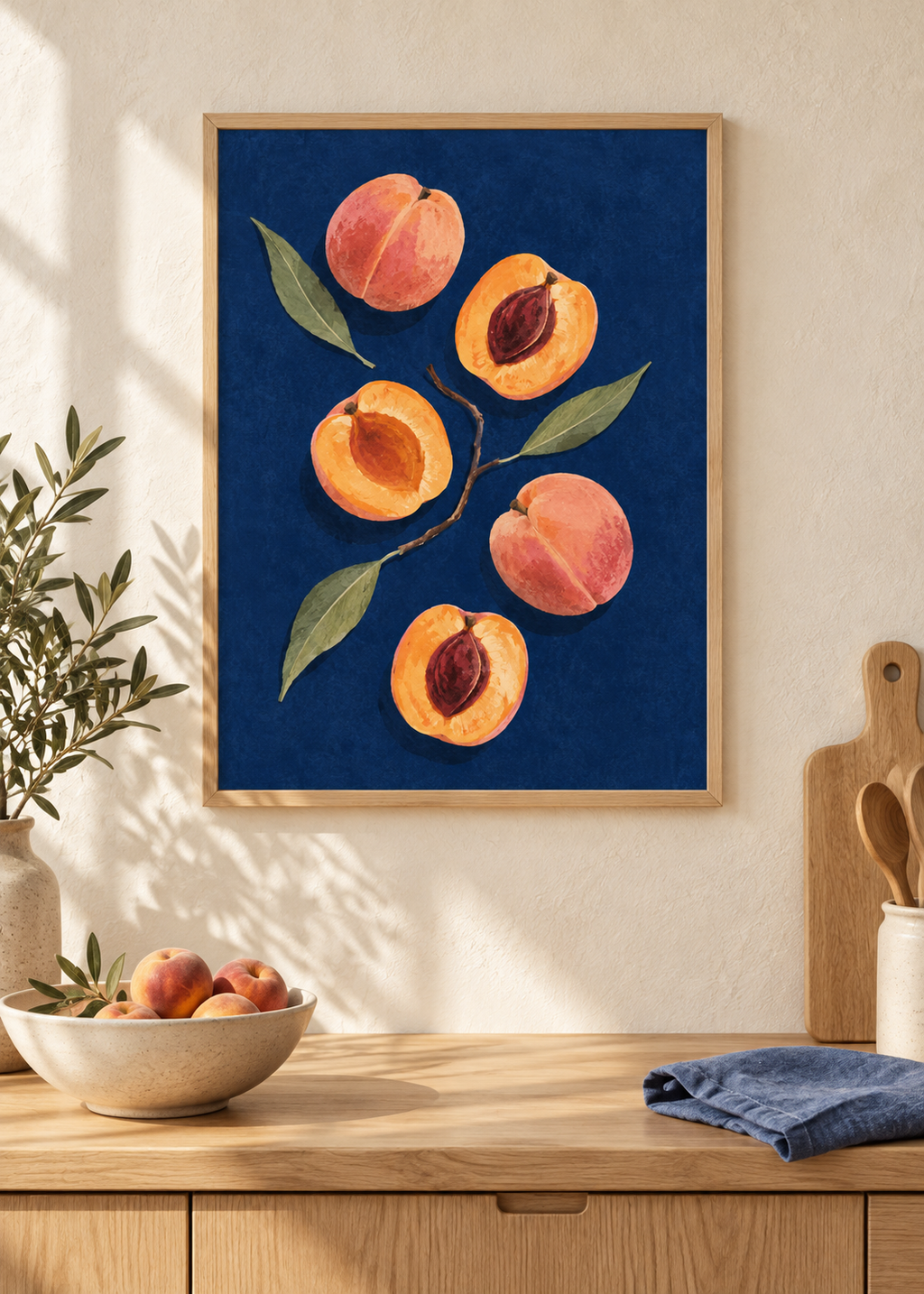 Apricots on Indigo framed art print in a Scandinavian kitchen