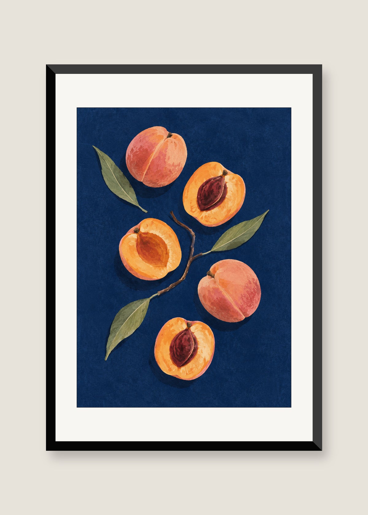 Apricots on Indigo, White mat with black frame preview