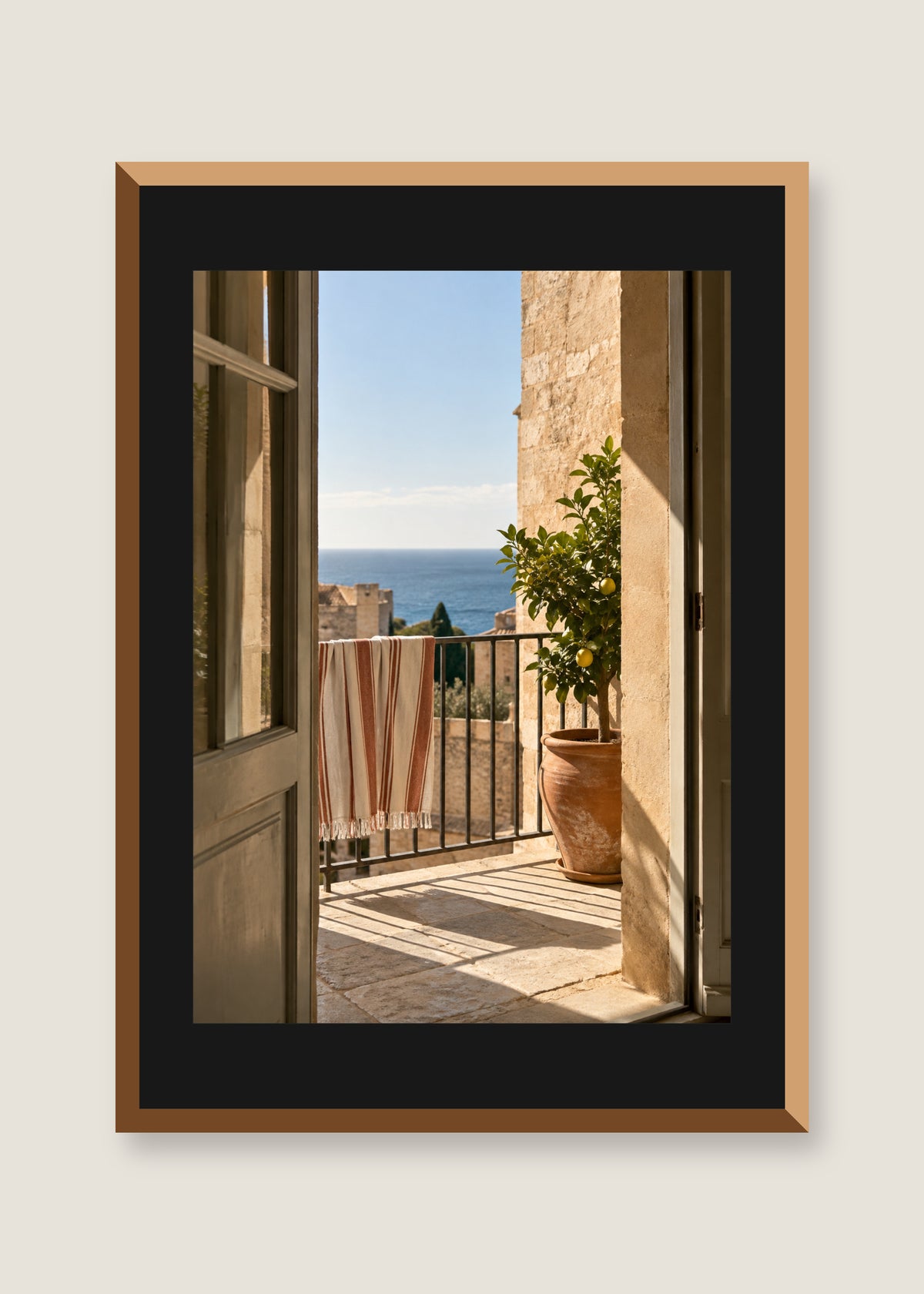 Balcony in September, Black mat with natural oak frame preview