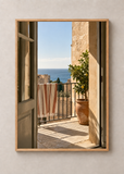 Balcony in September, framed 50 by 70 centimetre art print in natural wood