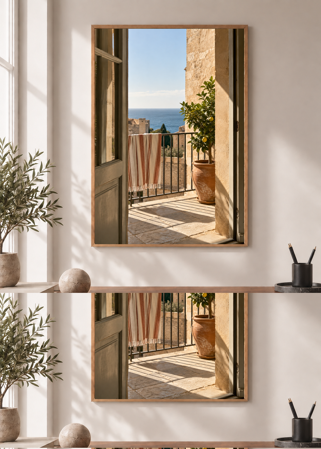 Balcony in September, framed 50 by 70 centimetre art print styled in a modern interior
