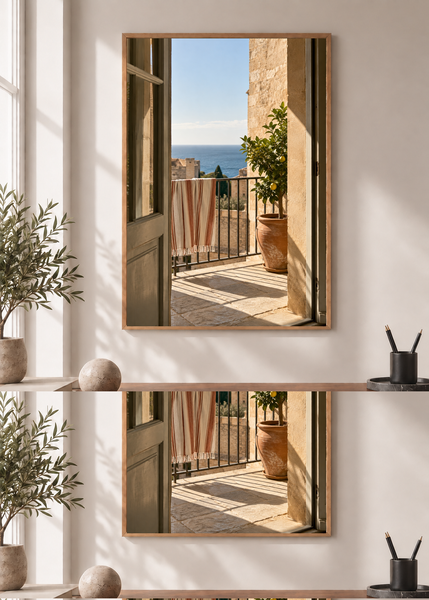 Balcony in September, framed 50 by 70 centimetre art print styled in a modern interior