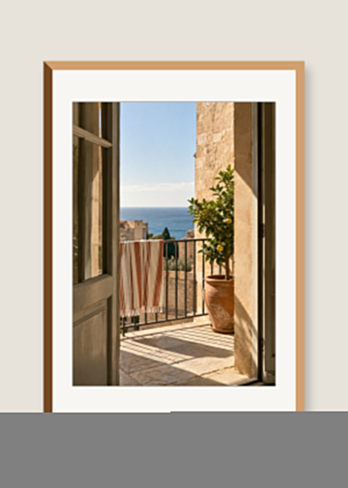 Balcony in September, White mat with natural oak frame preview