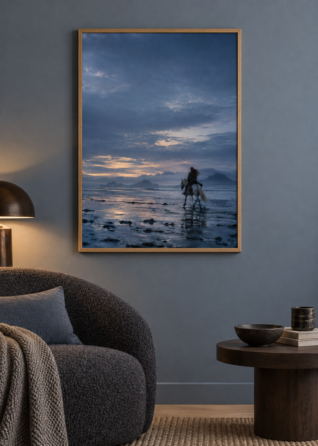 Blue Hour Crossing framed art print in a styled interior