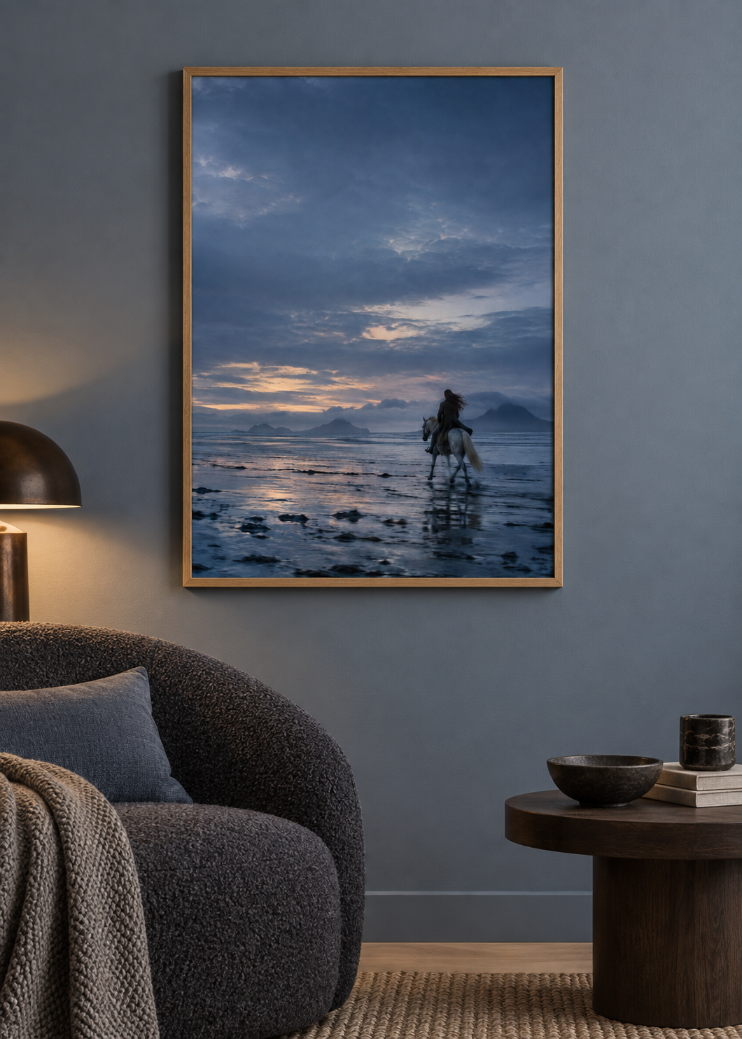 Blue Hour Crossing framed art print in a styled interior