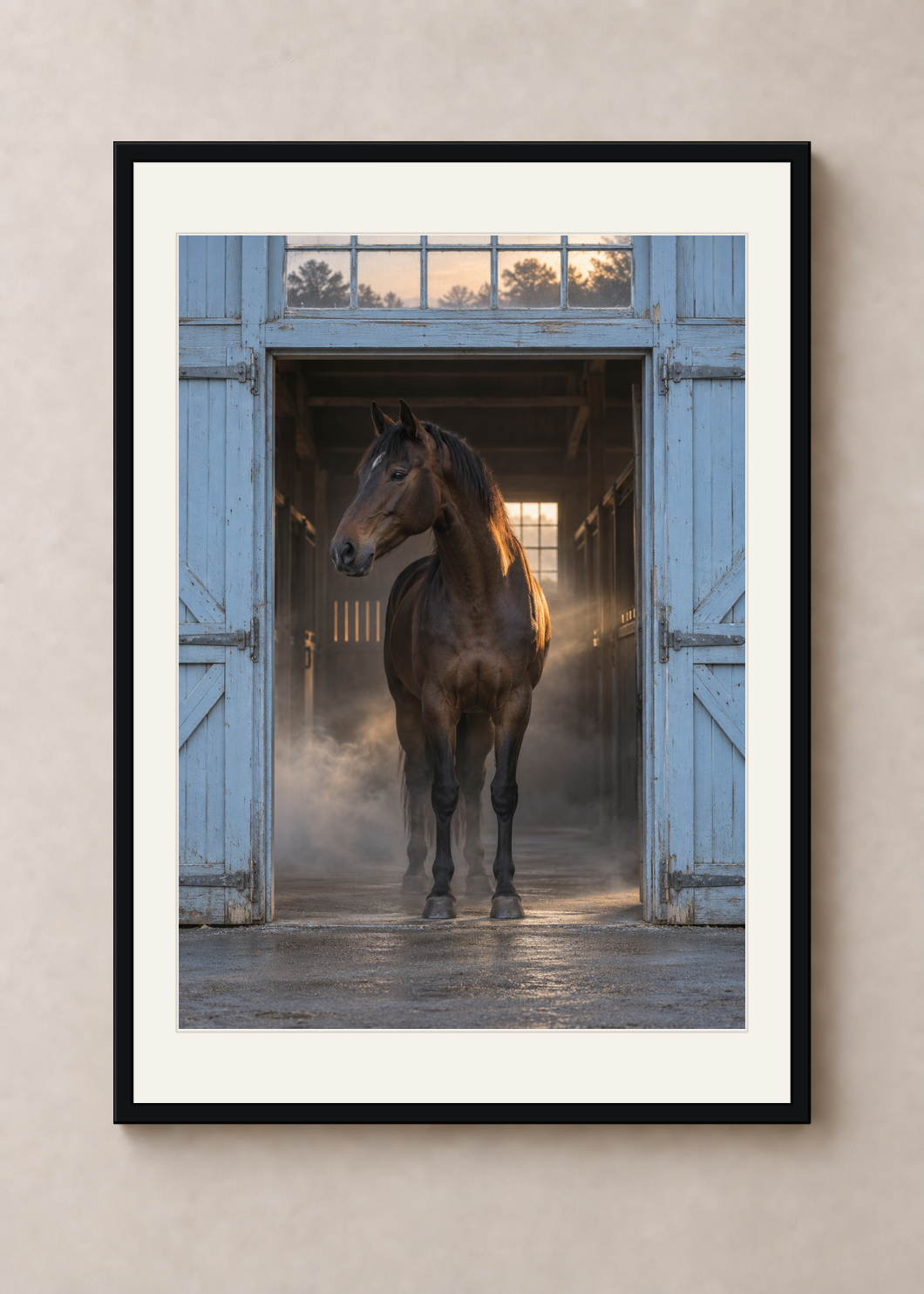 Blue Stable Morning, black framed 50 x 70 cm presentation with white mat