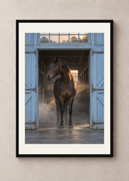 Blue Stable Morning, black framed 50 x 70 cm presentation with white mat