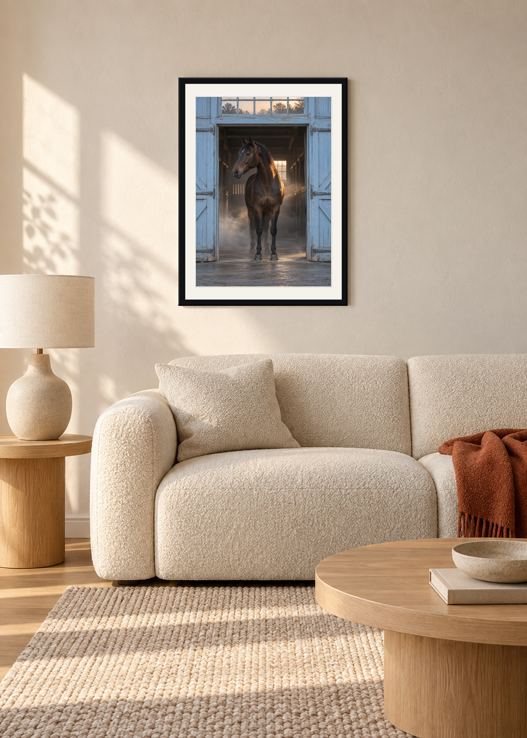 Blue Stable Morning, black framed lifestyle room presentation with white mat