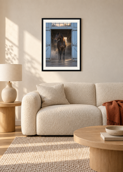 Blue Stable Morning, black framed lifestyle room presentation with white mat
