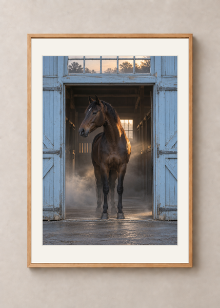 Blue Stable Morning, oak framed 50 x 70 cm presentation with white mat