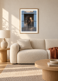 Blue Stable Morning, oak framed lifestyle room presentation with white mat