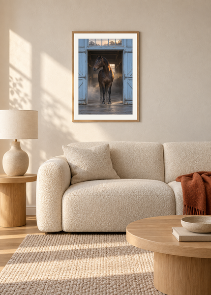Blue Stable Morning, oak framed lifestyle room presentation with white mat