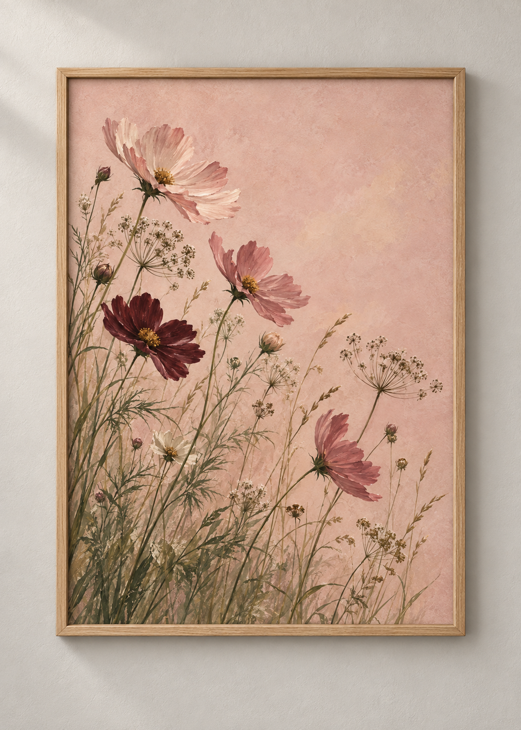 Blush Meadow at Dawn framed natural oak 50 x 70 cm art print