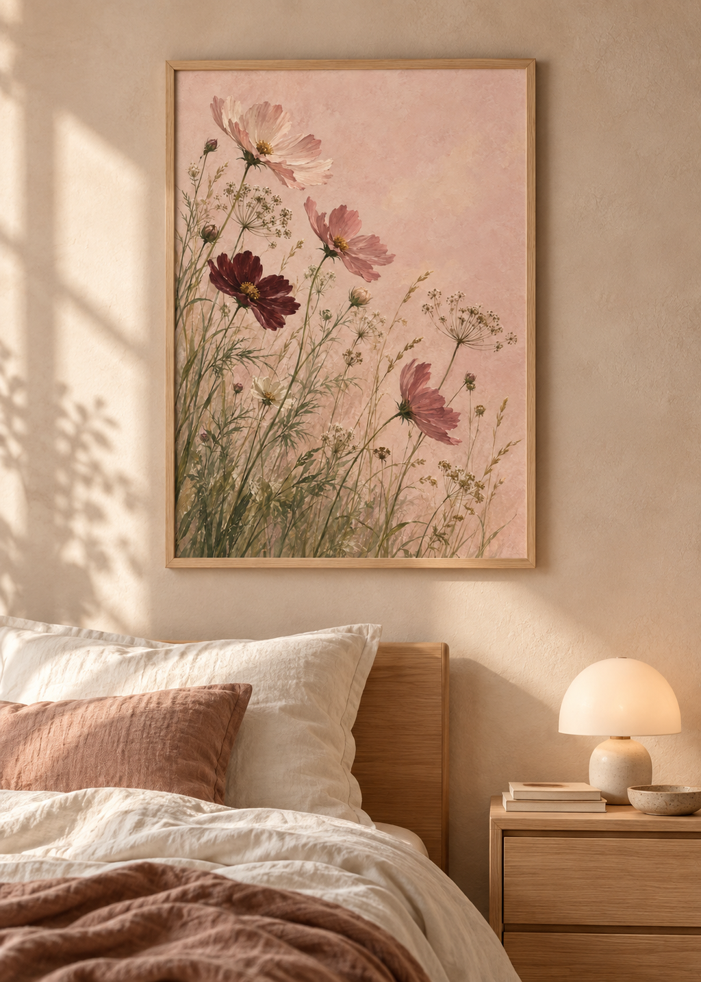 Blush Meadow at Dawn framed art print in a styled interior