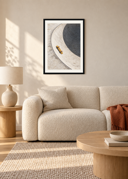 Board Left Behind, black framed lifestyle room presentation with white mat
