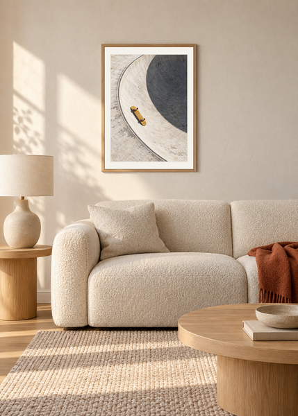 Board Left Behind, oak framed lifestyle room presentation with white mat