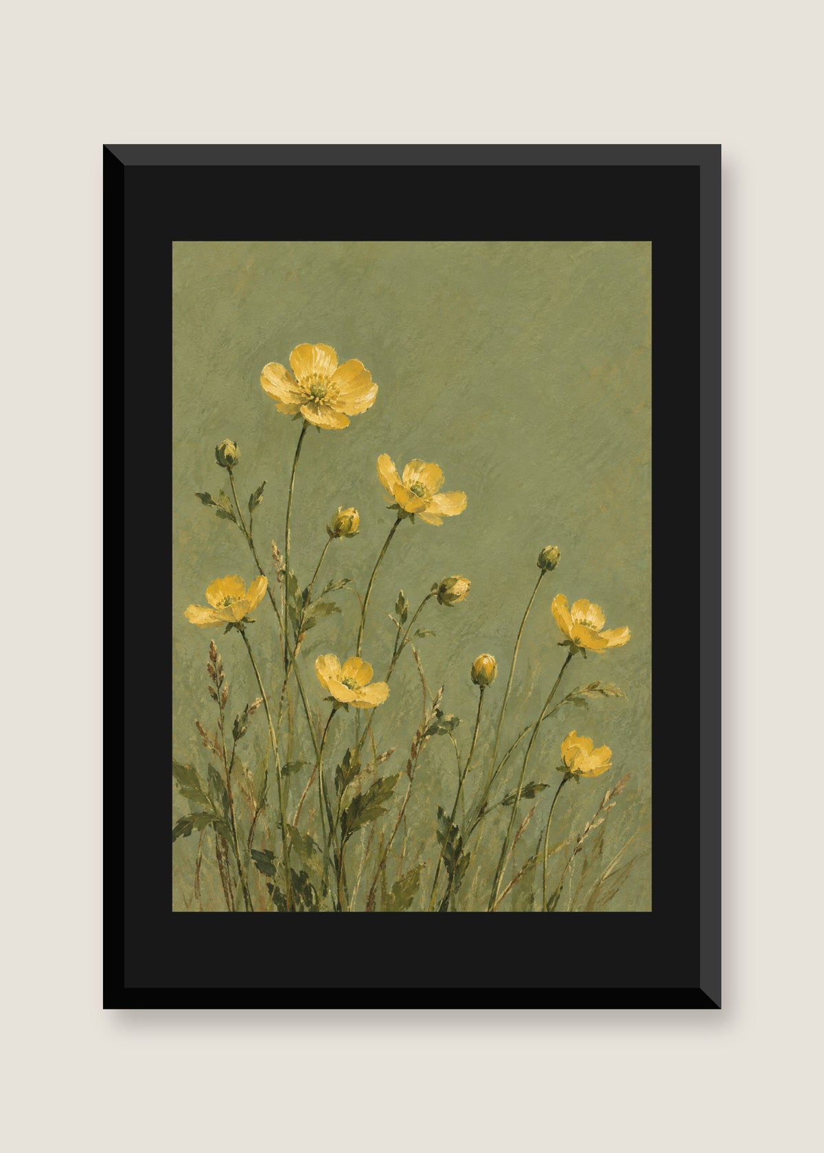 Buttercups on Sage, Black mat with black frame