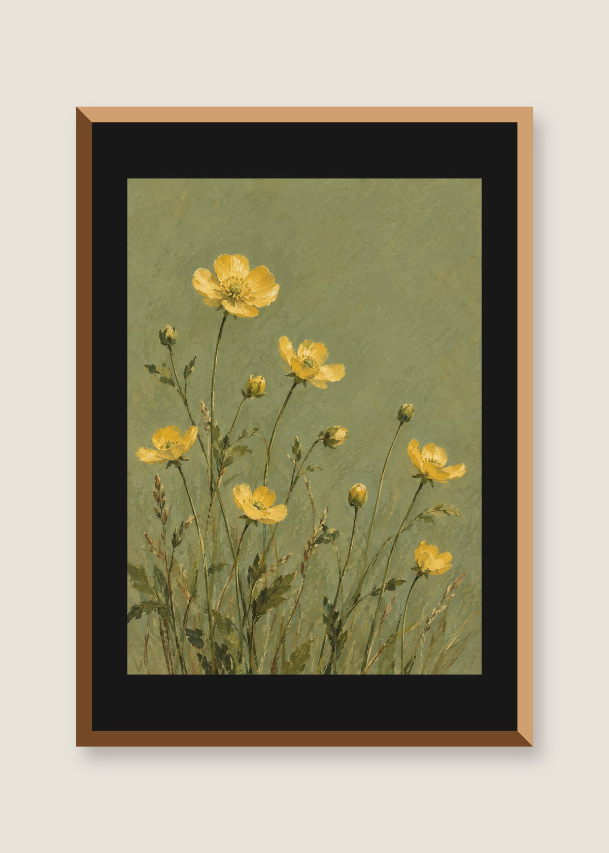 Buttercups on Sage, Black mat with natural oak frame