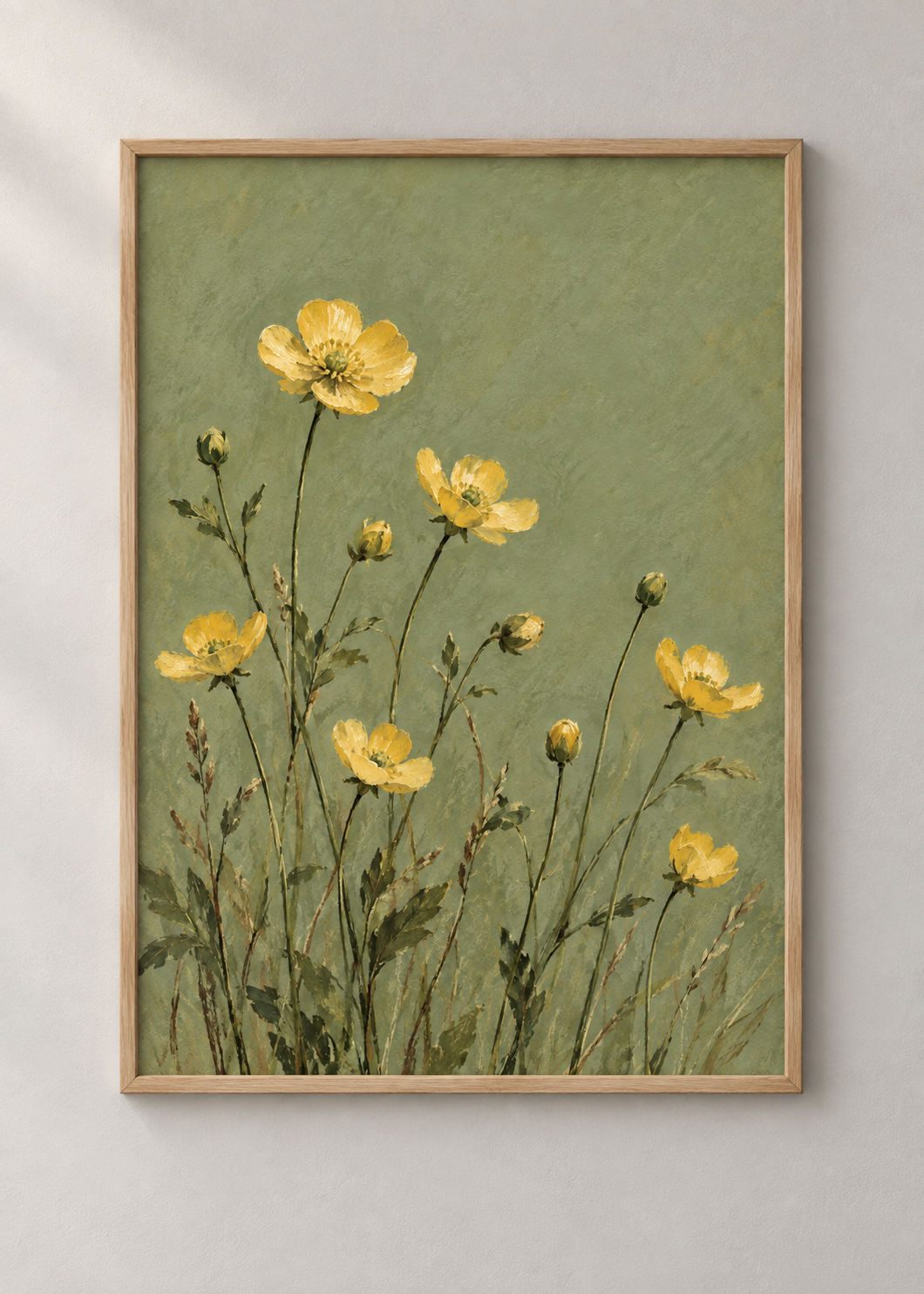 Buttercups on Sage framed natural oak 50 x 70 cm art print