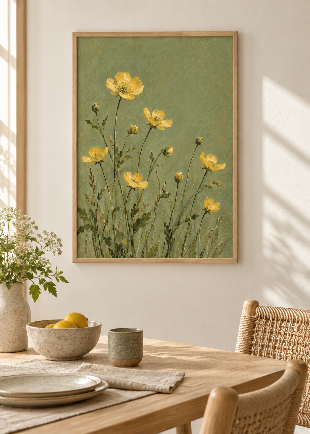Buttercups on Sage framed art print in a styled interior