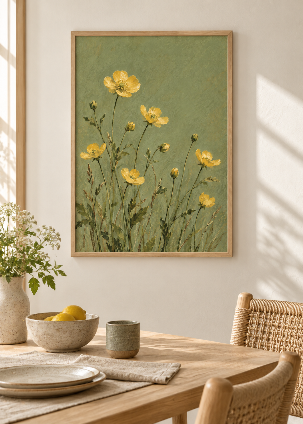 Buttercups on Sage framed art print in a styled interior