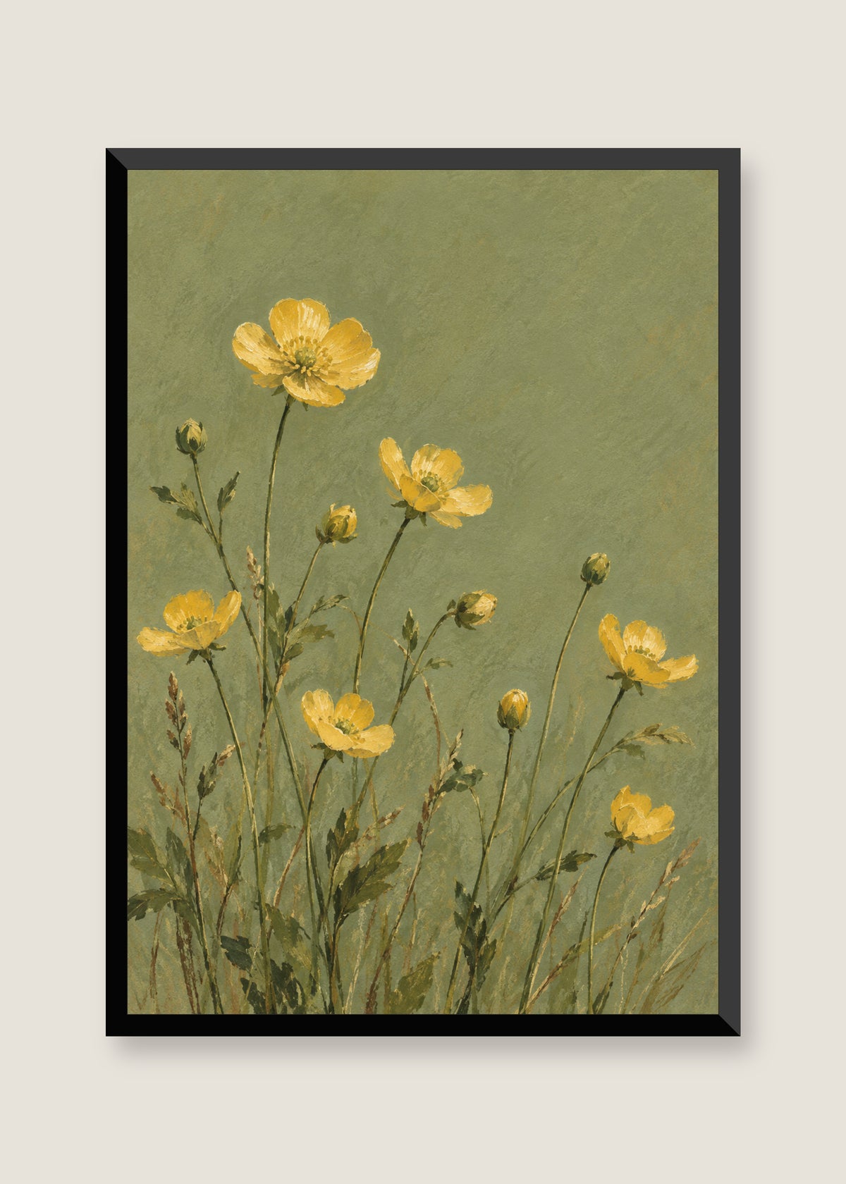 Buttercups on Sage, No mat with black frame