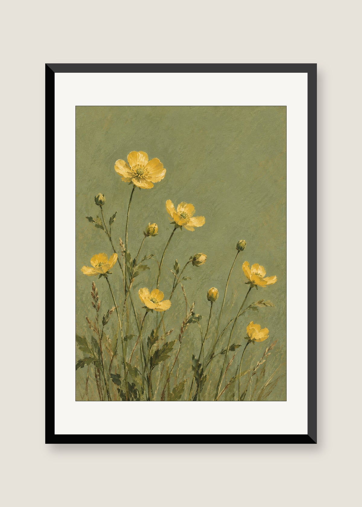 Buttercups on Sage, White mat with black frame