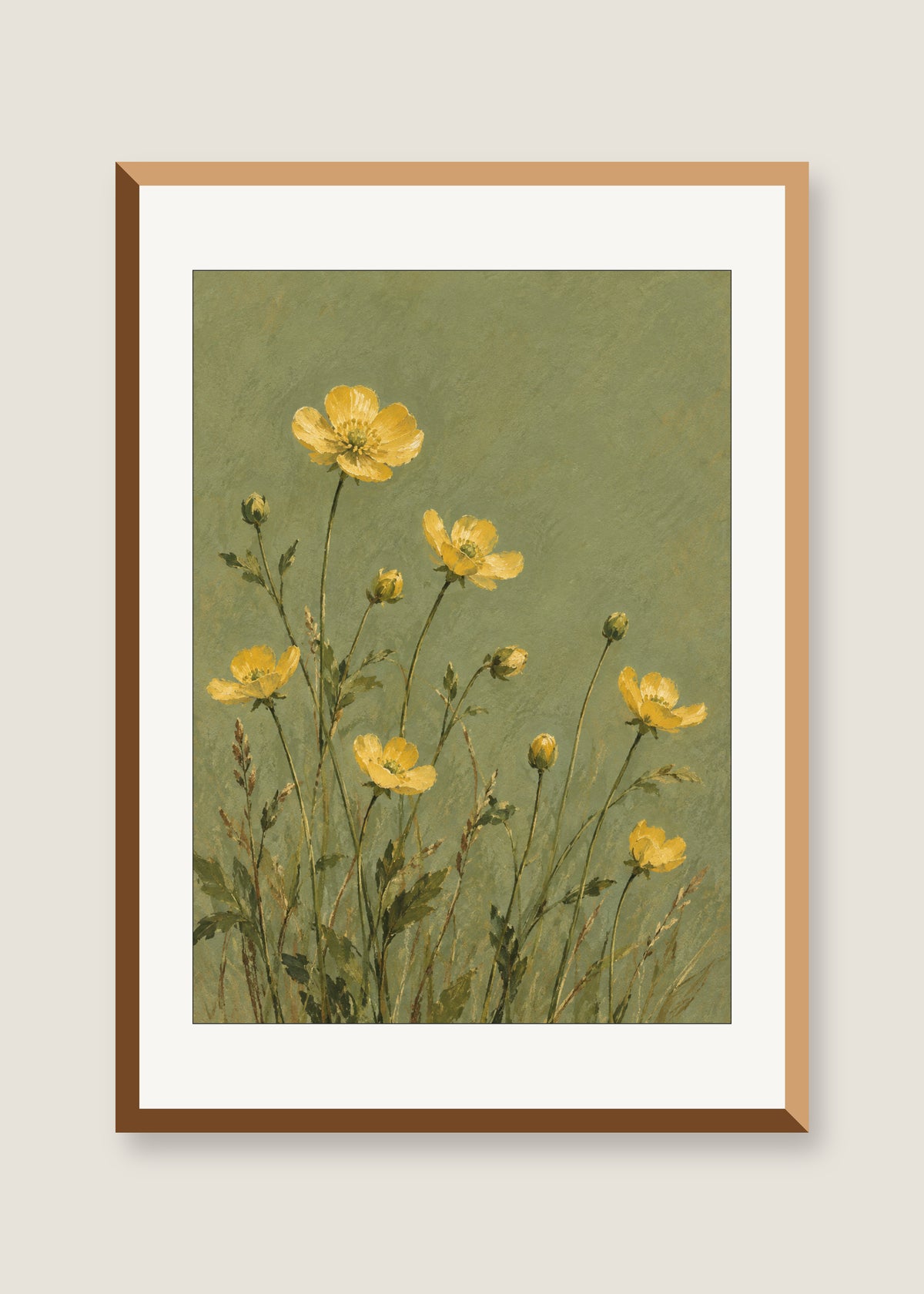 Buttercups on Sage, White mat with natural oak frame