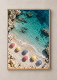 Cala Umbrellas art print in a natural wood 50 x 70 cm frame