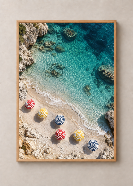 Cala Umbrellas art print in a natural wood 50 x 70 cm frame