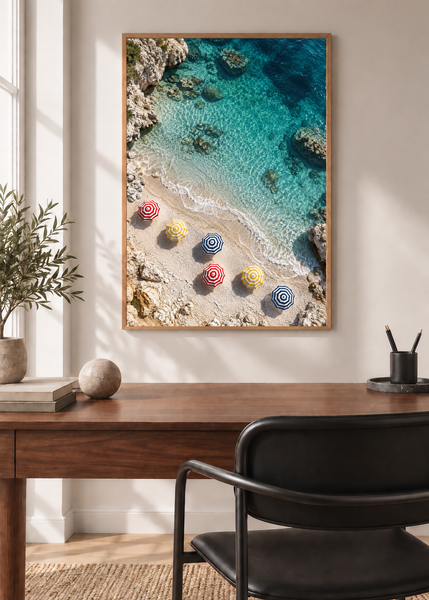 Cala Umbrellas framed art print in a modern interior