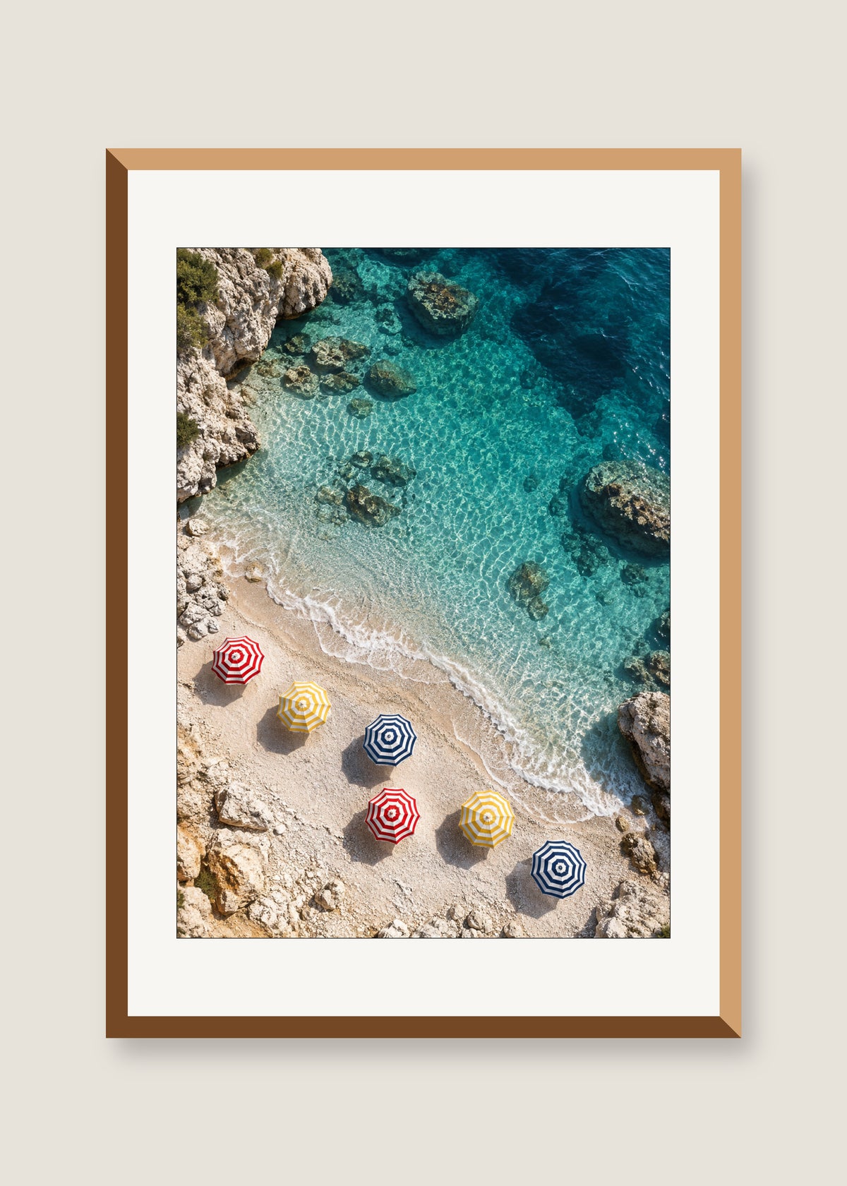 Cala Umbrellas, White mat with natural oak frame