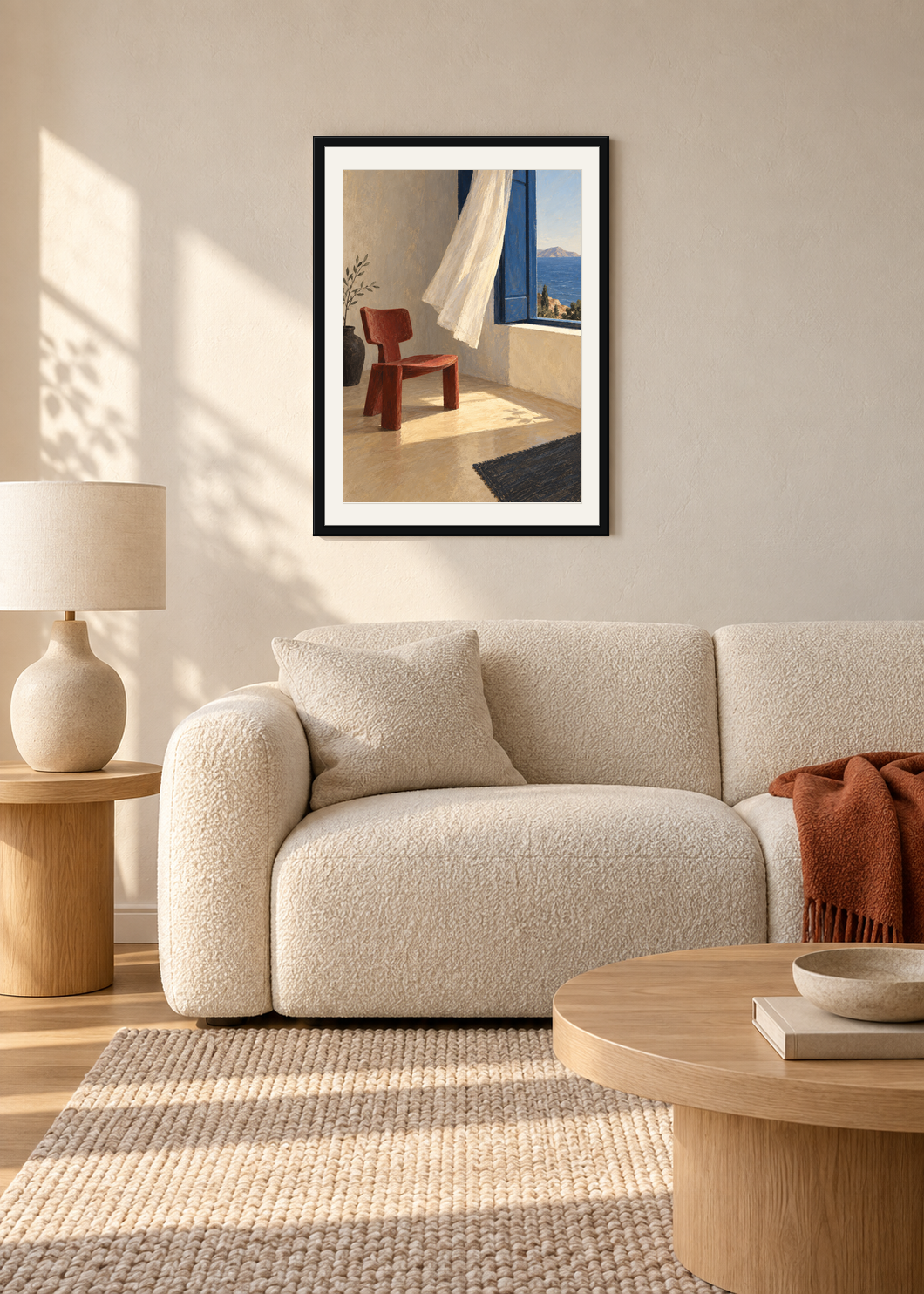 Chair by the Window, black framed lifestyle presentation with Snow White mount