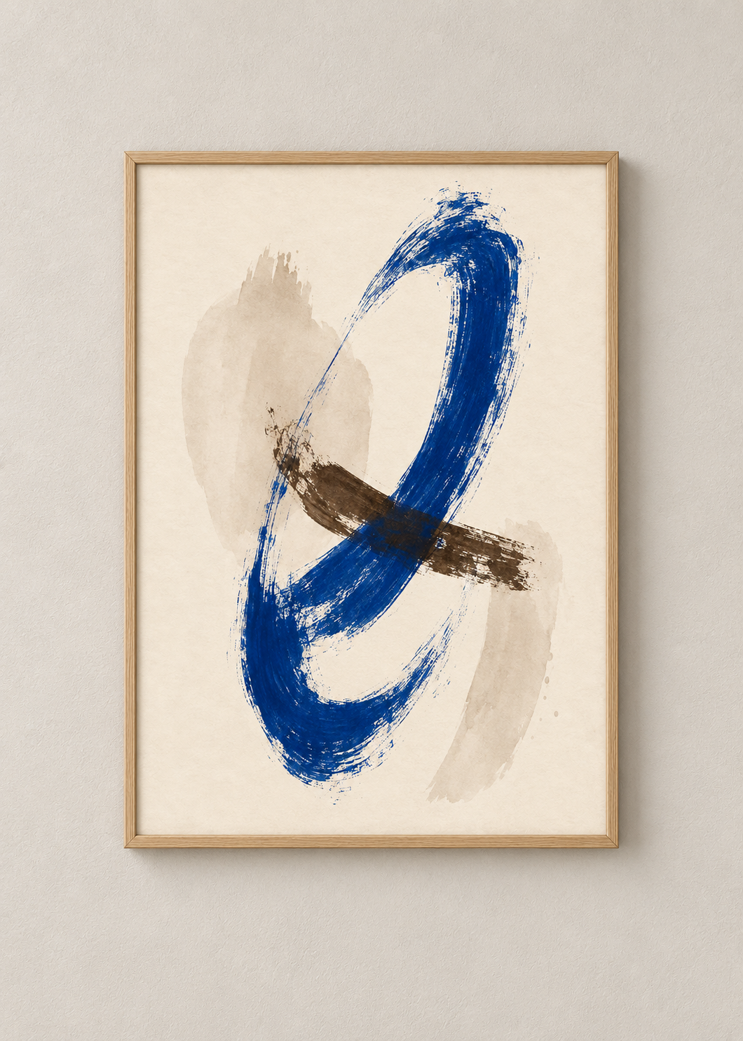 Cobalt Gesture No. 03 art print in a natural oak frame, shown at 50 x 70 cm