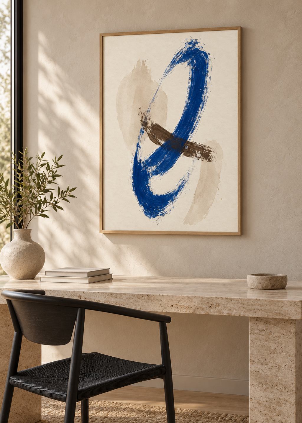 Cobalt Gesture No. 03 framed 50 x 70 cm poster styled in a contemporary interior