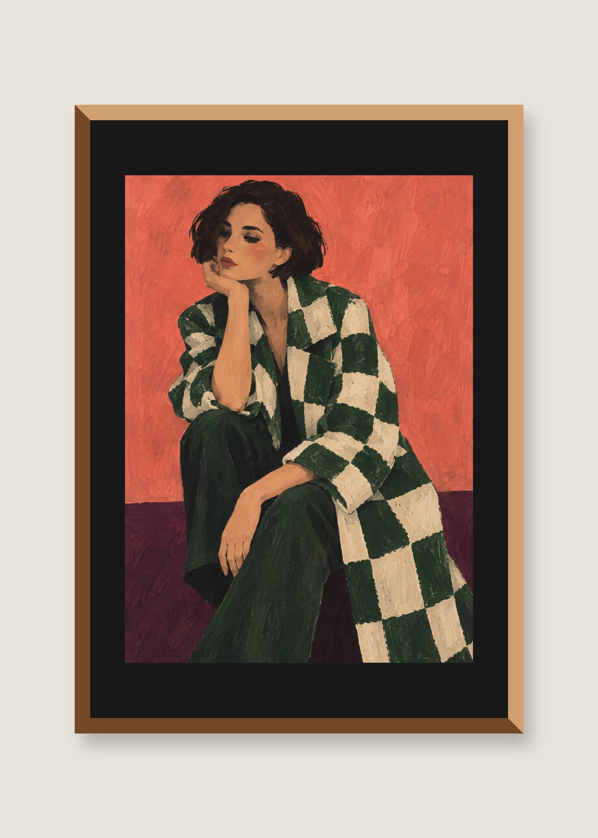 Coral Pause, Black mat with natural oak frame