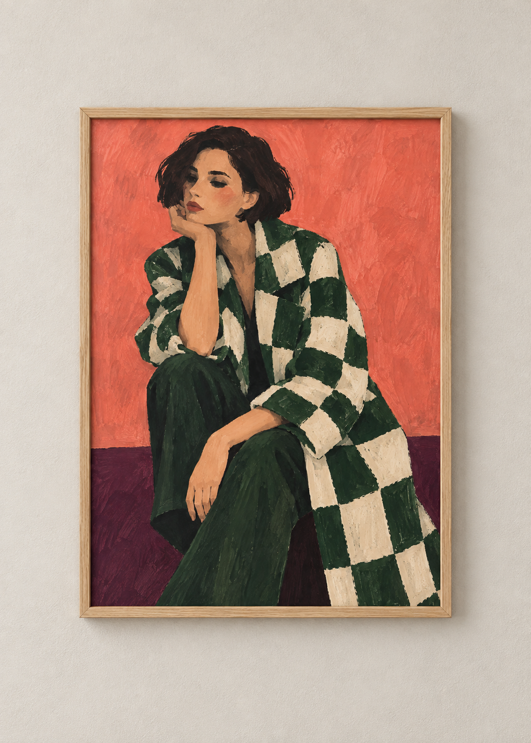 Coral Pause art print in a natural oak frame, shown at 50 x 70 cm