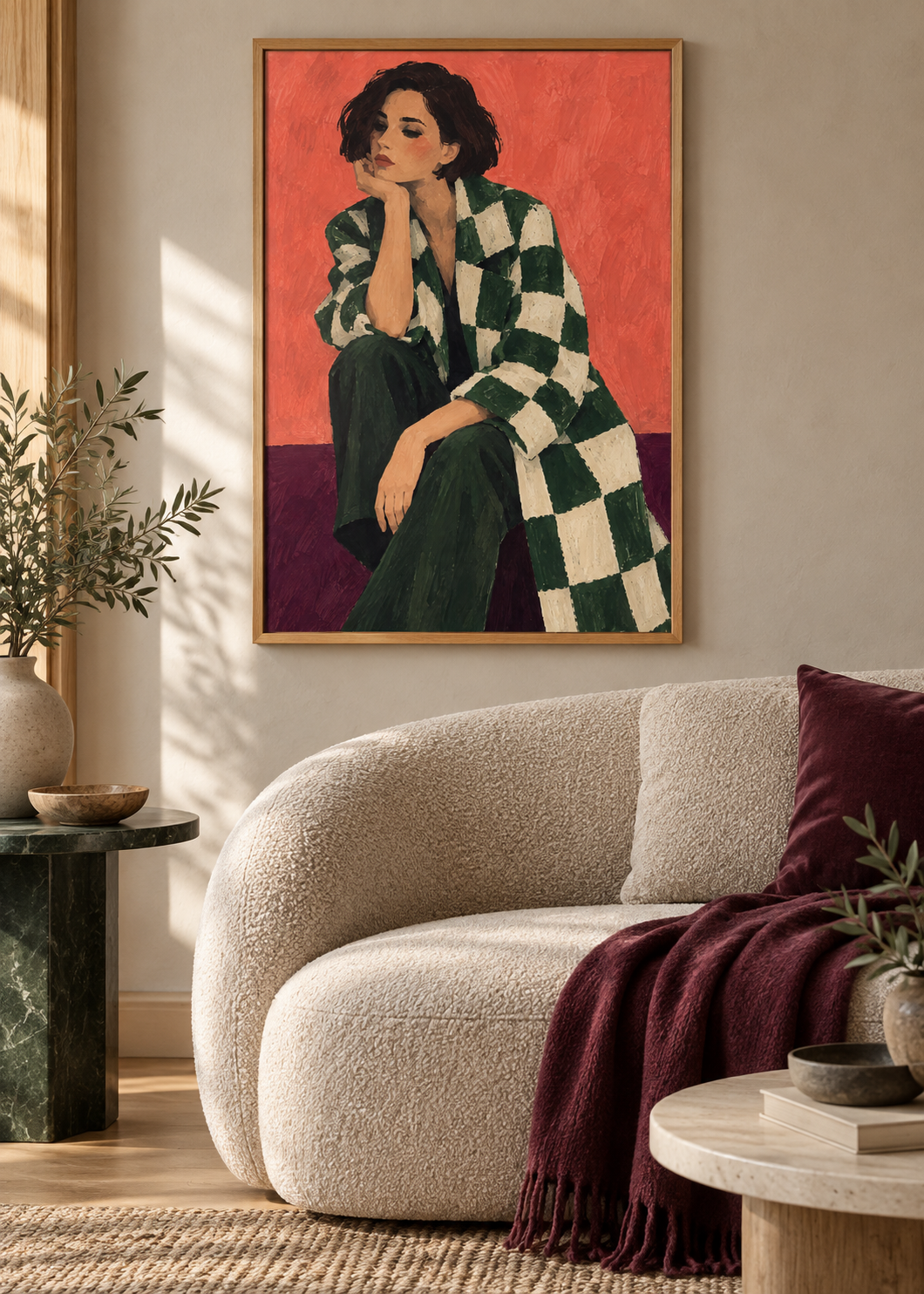Coral Pause framed 50 x 70 cm poster styled in a contemporary interior