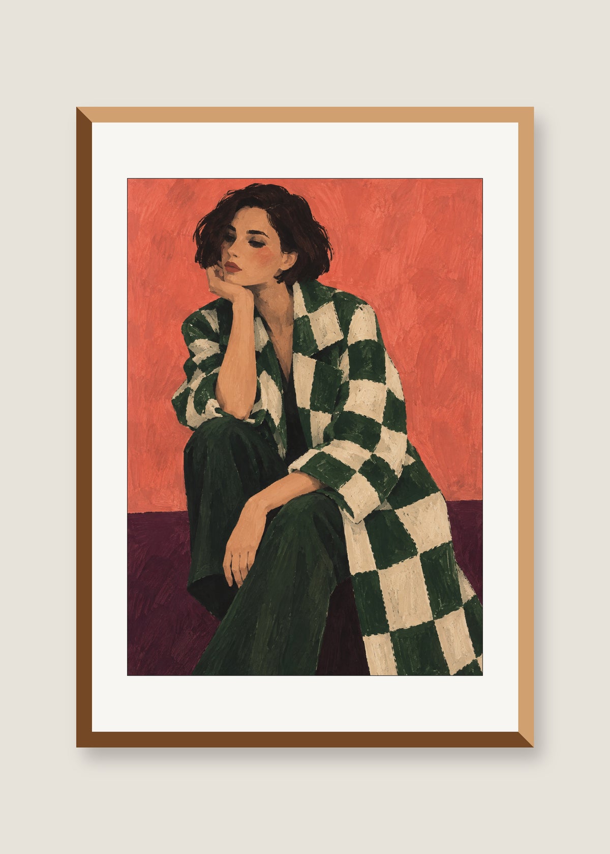 Coral Pause, White mat with natural oak frame