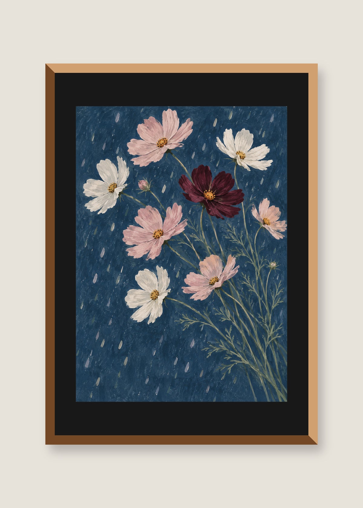 Cosmos After Rain, Black mat with natural oak frame