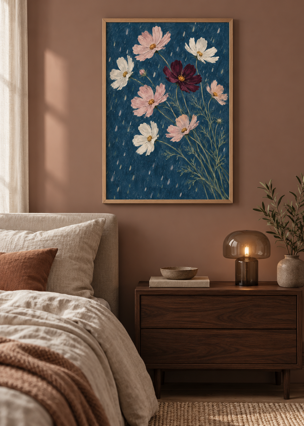 Cosmos After Rain framed art print in a Scandinavian bedroom