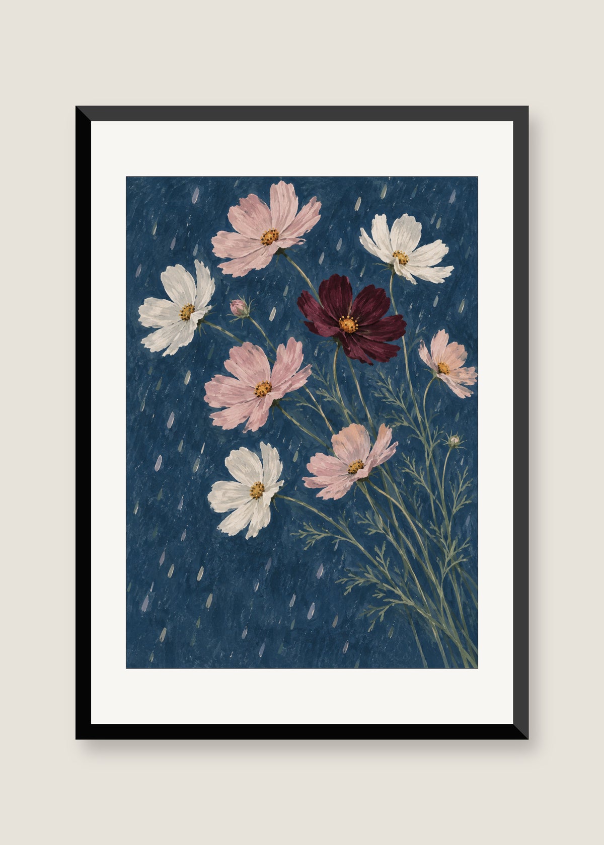 Cosmos After Rain, White mat with black frame