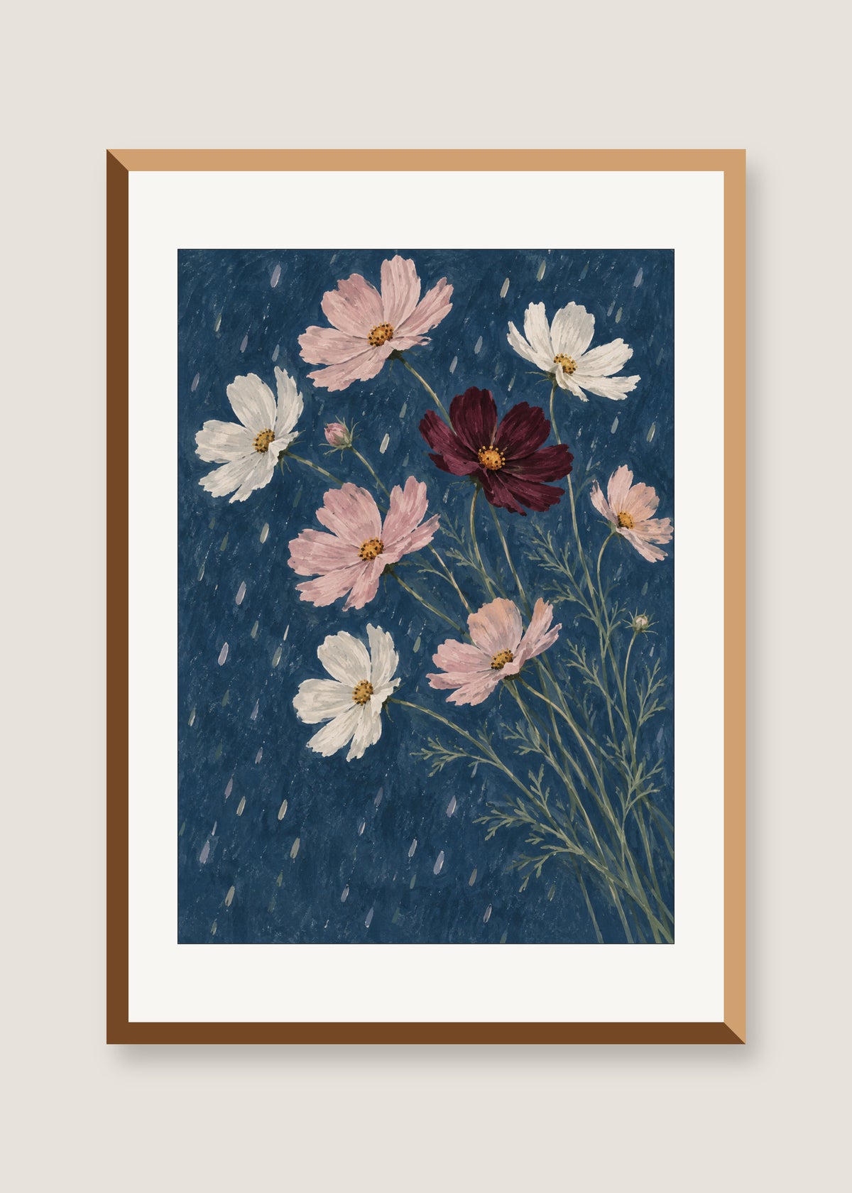 Cosmos After Rain, White mat with natural oak frame