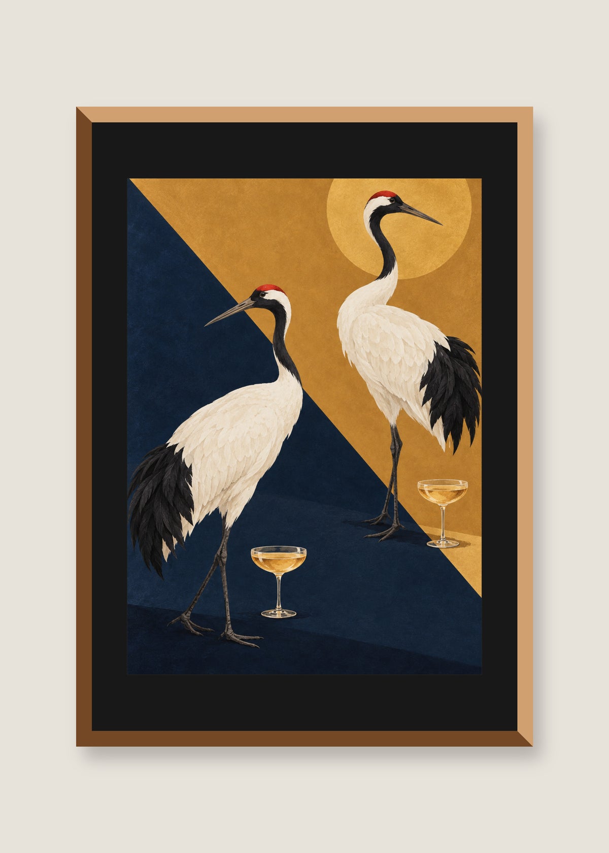 Cranes at Cocktail Hour, Black mat with natural oak frame
