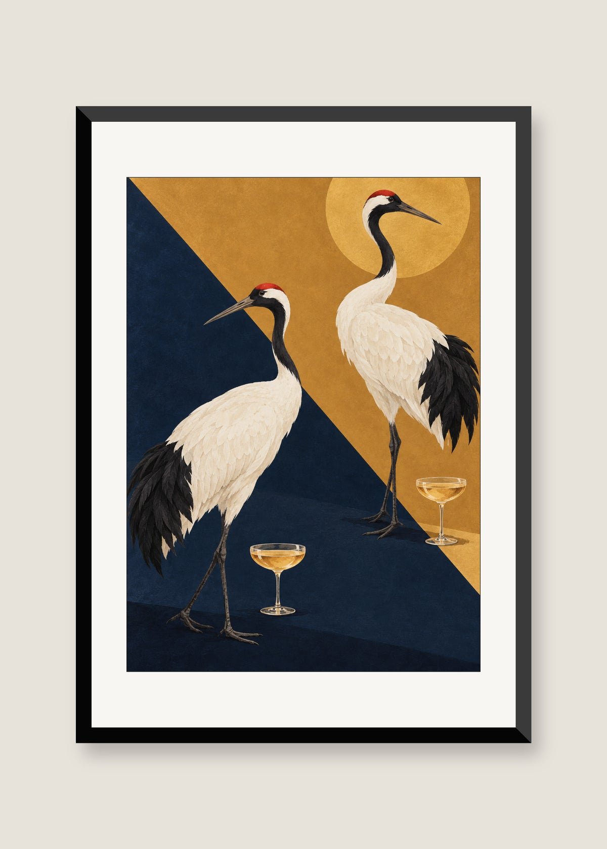 Cranes at Cocktail Hour, White mat with black frame