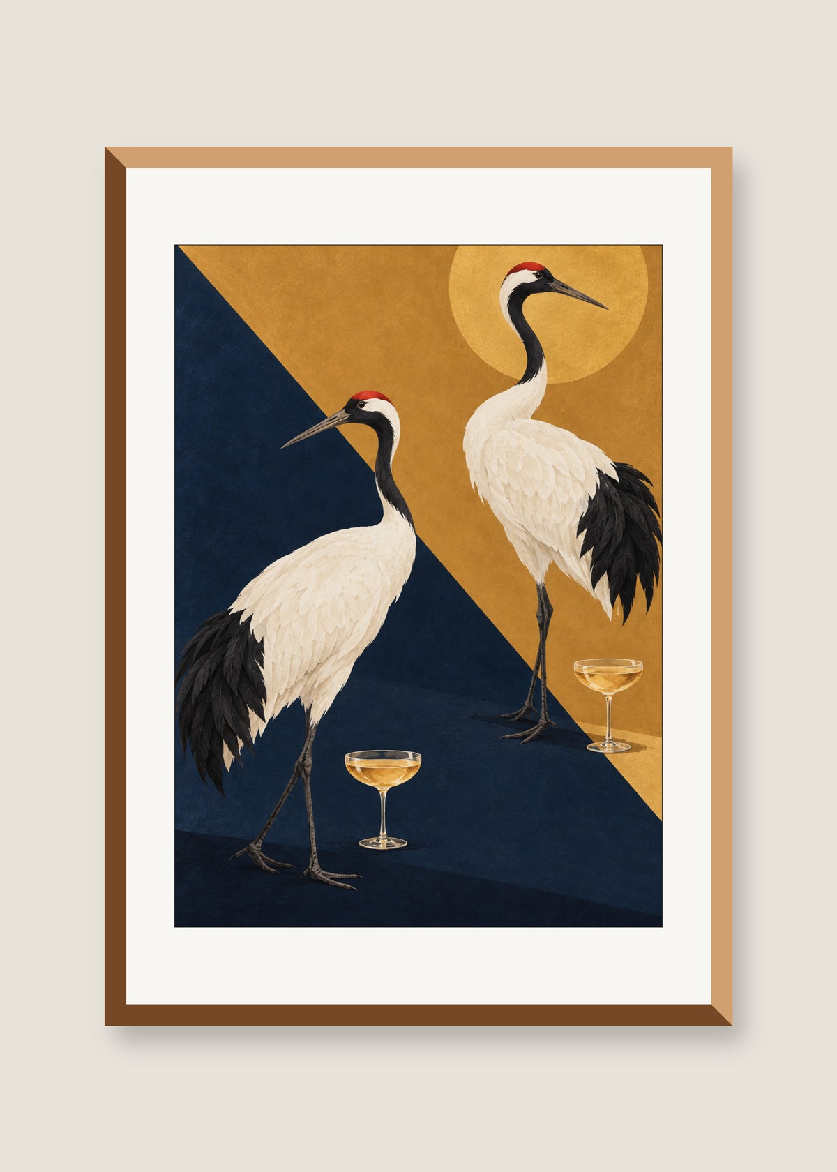 Cranes at Cocktail Hour, White mat with natural oak frame
